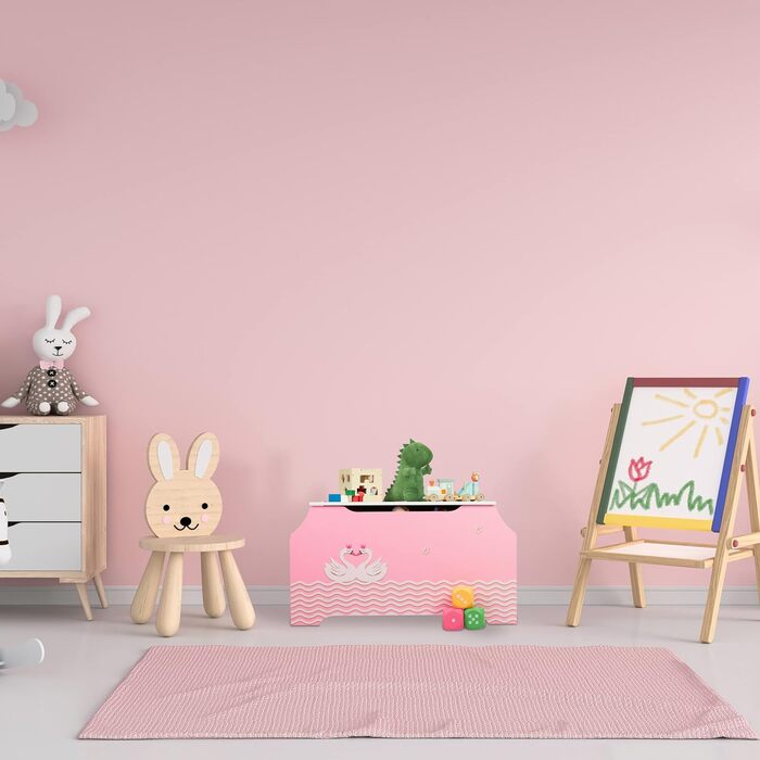 Скриня для іграшок Relaxdays Schwanenherz, з кришкою та відсіками для книг, 46x84x42,5 см, ігрова коробка, рожево-біла