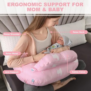 Подушка для годування SHANNA XXL, багатофункціональна, для грудного та пляшкового вигодовування, знімний чохол із 100% бавовни, регульований пояс, рожевий ведмедик