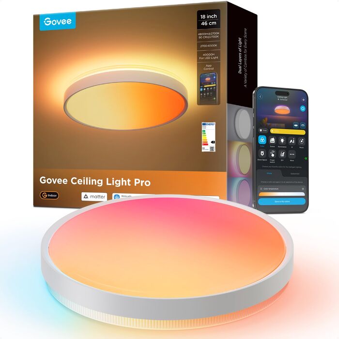 Стельовий світильник Govee RGBICWW Pro LED, 55W, 4800лм, диммований, круглий, Ø45.5см