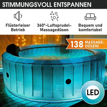 Надувний СПА-басейн BRAST MSpa Starry з LED-підсвіткою для 6 осіб, 204x70 см, 138 гідромасажних форсунок, енергозберігаючий таймер, функція нагріву та масажу, для вулиці та приміщення