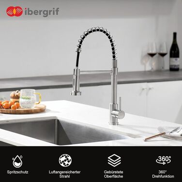 Змішувач кухонний Ibergrif висувний, високий, з душем 3 режими, нержавіюча сталь, поворотний на 360°