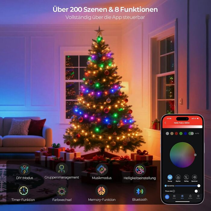 Розумна світлодіодна гірлянда YAYZA! для ялинки 20м, 200 LED RGB (16 млн кольорів), керування через App та пульт, водонепроникна IP44 для дому та вулиці