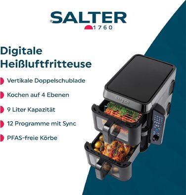 Аерофритюрниця Salter VertiCook View 9L: двокамерна з вертикальним дизайном, 12 програм Sync & Match, 4 рівні приготування, без PFAS, чорна