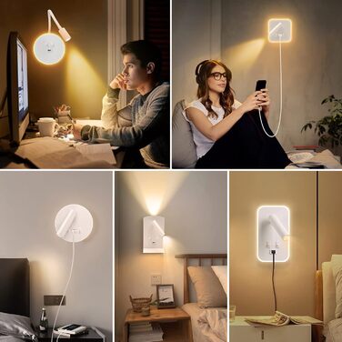 Комплект з 2 LED настінних світильників для інтер’єру з вимикачем і USB, 12W, 360° поворот, сучасна настінна лампа 3000K тепле біле світло для спальні та вітальні