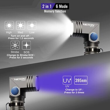 NICRON UV ліхтарик LED, 700 люмен, 90°, акумуляторний, 395нм, магніт, детектор плям сечі собак і котів, B74UV, білий та ультрафіолетовий світло