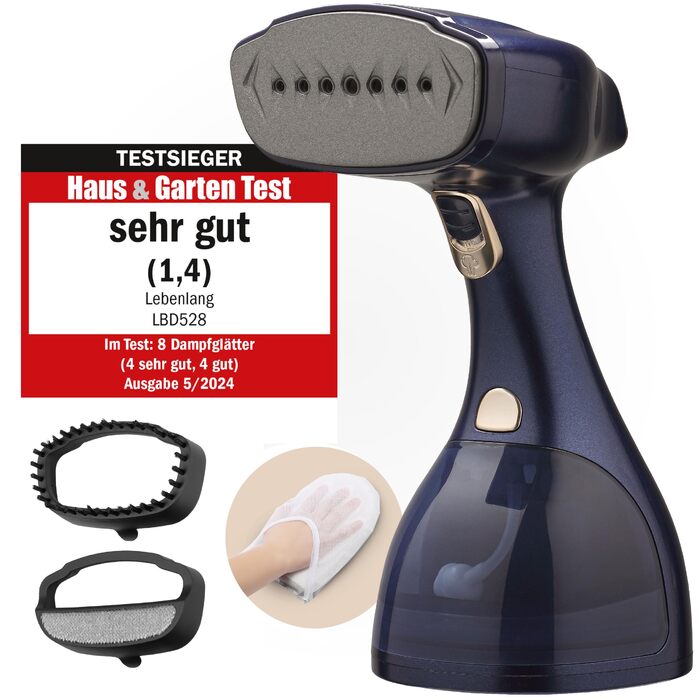 LEBENLANG Пароочищувач для одягу - 1500W, 300ml, з рукавичкою та насадками | Професійний пароочищувач для одягу | Пароочищувач, парогенератор, спрей, блакитний