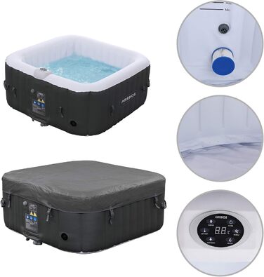 Надувний SPA басейн Arebos 154x154 см, 4 особи, 100 гідромасажних форсунок, для дому та вулиці, квадратний, 600 л, з підігрівом