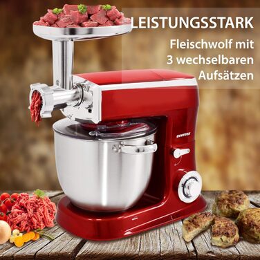 Кухонна машина Syntrox Germany 1500 Вт з м'ясорубкою, міксером та 7,5 л чашею з нержавіючої сталі, червона