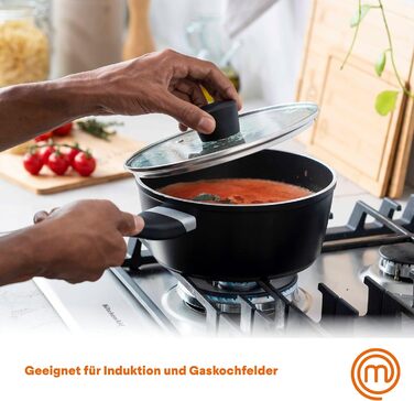 Каструля MasterChef з антипригарним покриттям та скляною кришкою, 20 см, алюмінієва, індукційна, універсальна для всіх типів плит, чорна, для супу та макаронів, колекція Aluminum Essentials
