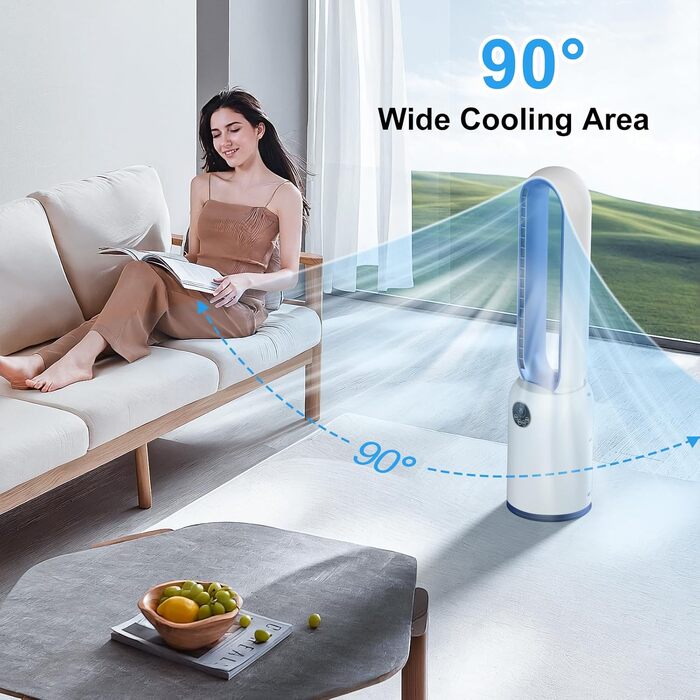 Безлопатевий вентилятор Turmventilator 88 см, з LED-дисплеєм, пультом, таймером 12 год, 90° осциляція для спальні/офісу (синій)