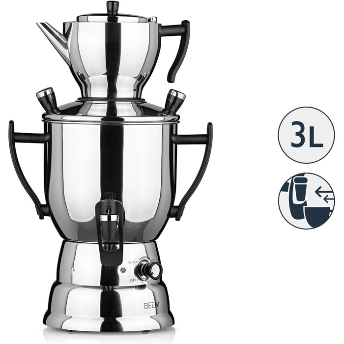 Електричний самовар BEEM TEA-PERFECT 3 л з чайником 1,2 л з ситечком, нерж. сталь, термостат, диспенсер, для дому та HoReCa