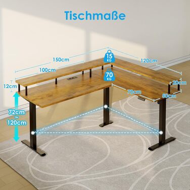 Регульований кутовий стіл OffiGo 150x120 см з розеткою та підставкою під монітор, електричний, коричневий