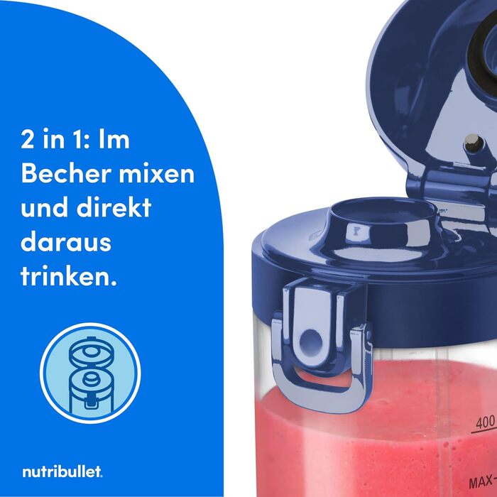 Портативний блендер nutribullet, 475 мл, BPA-free, багатоцільовий, USB-C зарядка, понад 15 циклів змішування, синій