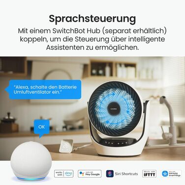 Вентилятор USB SwitchBot настільний з акумулятором, тихий (24 дБ), сумісний з Alexa/Google/Siri (потрібен хаб), 4 режими, таймер 9 год