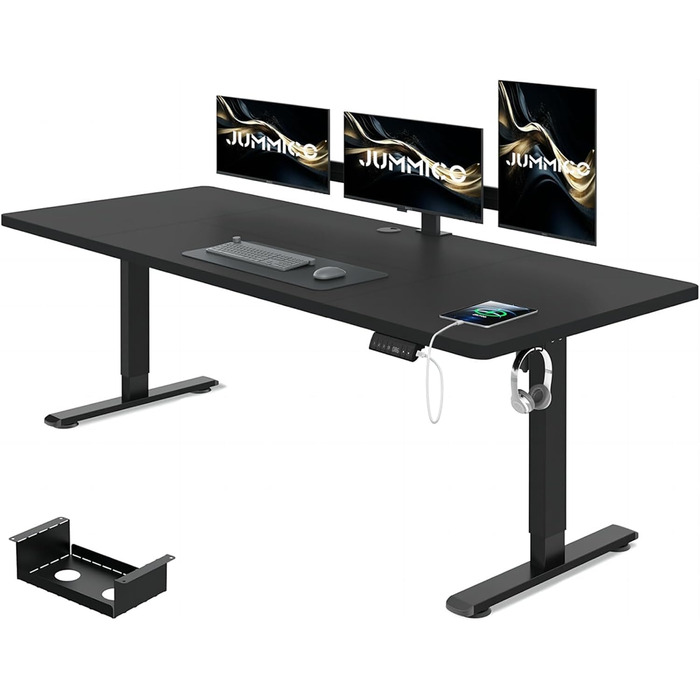 Електричний регульований стіл JUMMICO 180x80 см з кабельною гондолою, USB-порт, комп'ютерний стіл, ергономічний стіл для стоячи/сидячи, чорний