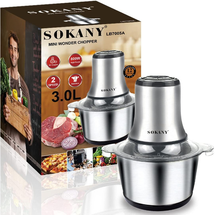 М'ясорубка-подрібнювач електричний SOKANY 800W з чашею 3л з нержавіючої сталі, 2 швидкості, для м'яса, овочів, фруктів LB7005A