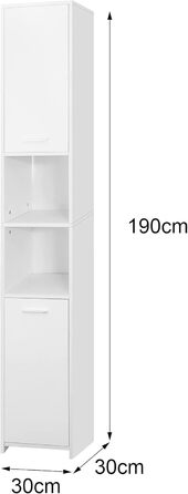 Високий шафа для ванної ML-Design, білий, 30x190x30 см, з 6 відділеннями і 2 дверцятами, вузький шафа для зберігання, МДФ, меблі для ванної кімнати