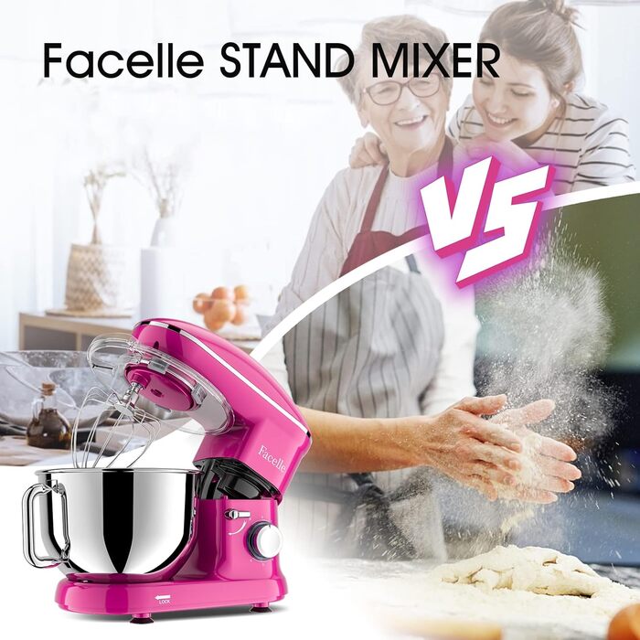 Кухонна машина Facelle 1500W з нержавіючою чашею 6.2 л, 6 швидкостей, комплектом насадок (міксер, гак для тіста, вінчик, сплеск-захист), фіолетовий колір