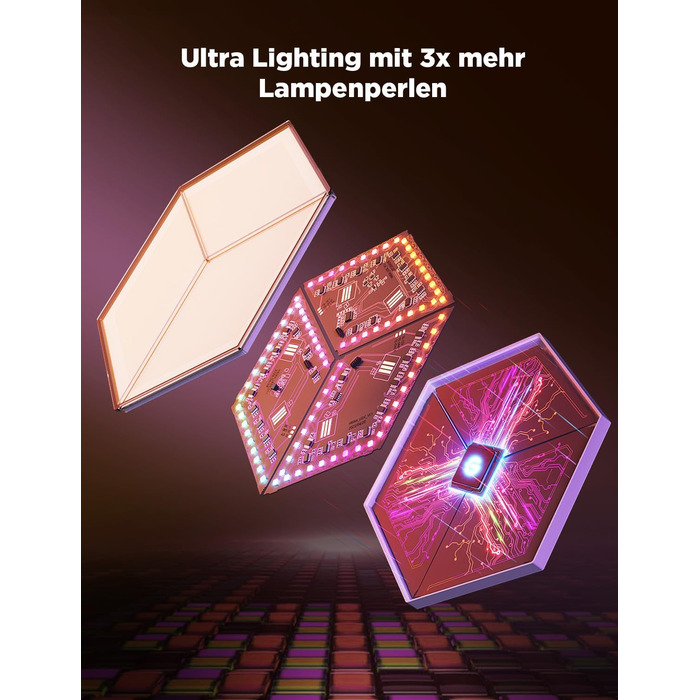 Світильник Govee Glide Hexagon Light Ultra, 3D RGBIC, Wi-Fi, 129 LED, сумісний з Alexa, 60 режимів, для геймерської кімнати, стіни, декору, 10 панелей, білий