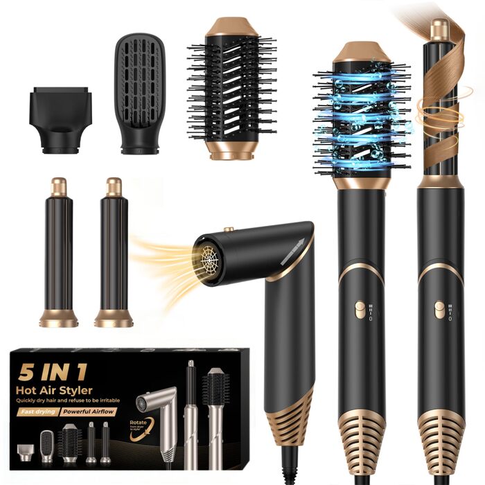 UKLISS Airstyler 5-в-1: Фен-щітка, стайлер для волосся з іонізацією, плойка, насадки для укладання (Чорний/Золотий)
