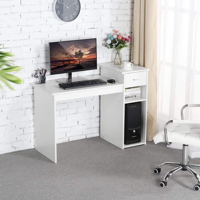 Стіл для комп'ютера Yaheetech 112x82x50 см, білий, з висувною шухлядою та 2 полицями з МДФ, офісний письмовий стіл