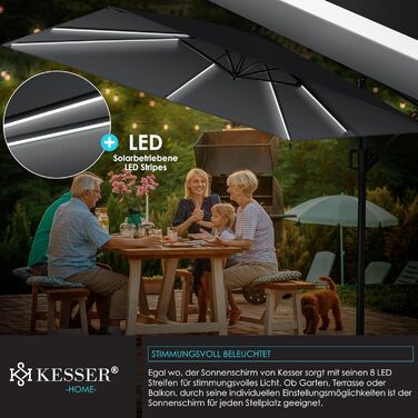 Сонячна прямокутна парасоля KESSER Holly з LED-підсвіткою, алюмінієва, з чохлом та вітрозахистом, антрацит, 350 см, водостійка, для саду, з ручкою-кривошипом, UV-захист