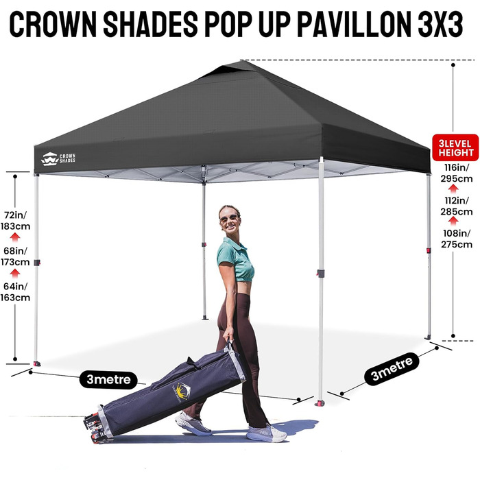 Павільйон CROWN SHADES 3x3: Водостійкий, стабільний, зимостійкий, захист від сонця UV 50+, для кемпінгу, саду та відпочинку. Сірий в клітинку.