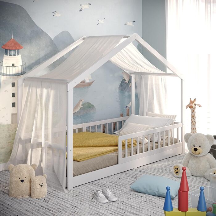 CADANI Мальте - ліжко-будиночок для дітей 120x200 см, біле, Montessori, з бортиками, трансформується, з ламелями, до 200 кг, біле