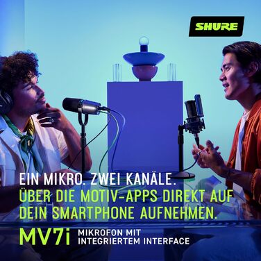 Мікрофон Shure MV7i Smart Podcast з вбудованим аудіоінтерфейсом, комплект для подкастингу, 2-канальний, Dual-XLR для мікрофонів або інструментів, USB-C підключення до ПК/телефону