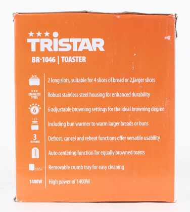 Тостер Tristar з нержавіючої сталі, 4 тости, 6 режимів підсмажування, насадка для булочок, довгі отвори, знімний піддон для крихт, функції скасування, розморожування та підігріву, модель BR-1046