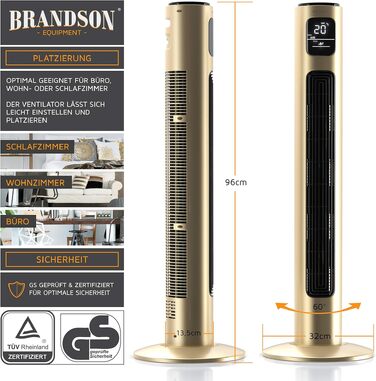 Вентилятор Tower Brandson з пультом дистанційного керування, 96 см, 3 швидкості, коливання 60°, мобільний, колір шампань