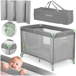 Дитяче ліжечко-манеж Ricokids, складне, з матрацом, 125x65x78 см, 15 кг, дві колеса з гальмами, знімний бічний вхід, сумка, світло-сірий та м'ятний колір