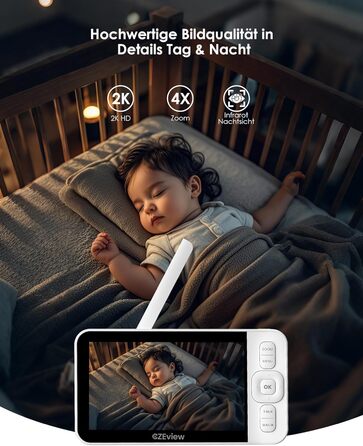 Відеоняня з камерою 2K HD Wi-Fi Babyphone з додатком, 360° огляд, 4x Zoom, нічний режим, датчик руху/плачу/звуку, термометр, чорний - 1 камера