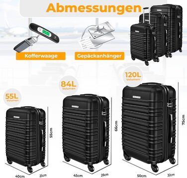 Набір валіз KESSER® 3шт з ABS-пластику: велика, середня, маленька. Валіза-тележка з замком, коліщата 4 шт., ваги в комплекті. Чорний колір.