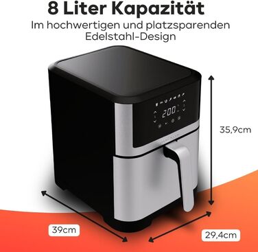 Аерофритюрниця ProfiCook 8 л, без олії, 7 програм, нержавіюча сталь, мінімум диму й запаху, модель 2024