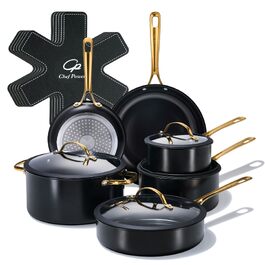 Набір посуду Chef Power Keramik 15 предметів: каструлі та сковороди з антипригарним покриттям, нержавіюча сталь, для плити та духовки, чорний/золотий