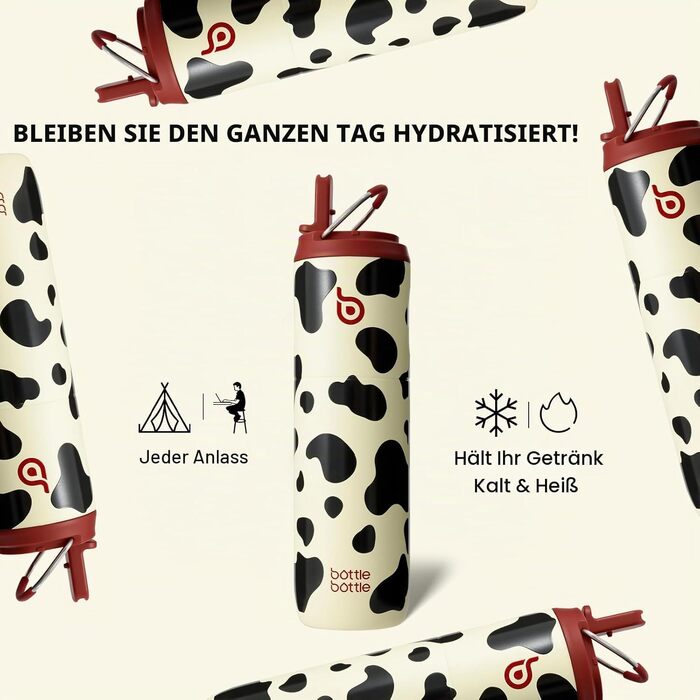 Термофляга зі сталею BOTTLE BOTTLE 750 мл з трубою, кришкою та ручкою — герметична, без BPA, двостінна пляшка для води для спорту, подорожей та фітнесу (дизайн: Корова)