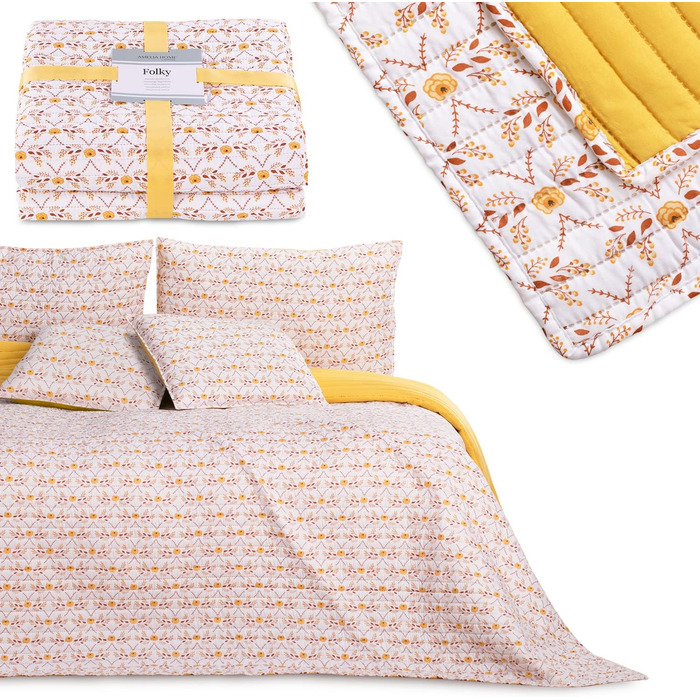 Покривало AmeliaHome Folky 240x260 см, двостороннє, легке у догляді, стьобане, з фольклорним рослинним візерунком, жовто-біло-оранжеве