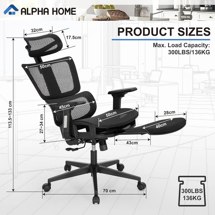 Ергономічне офісне крісло ALPHA HOME з підніжкою, регульованим підголівником і 3D підлокітниками, дихаючий комп'ютерний стілець для керівника, висока спинка, вантажопідйомність до 160 кг, чорний