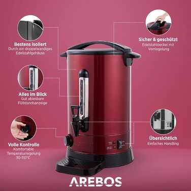 Електричний глінтвейнер Arebos 950 Вт | Дозатор гарячих напоїв | 8,8 л | з піддоном, краном, термостатом та захистом від перегріву | Регулювання температури 30-110°C | Червоний