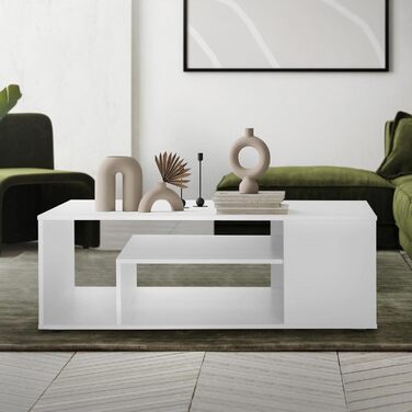 Стіл журнальний ML-Design білий глянець 100x42x60 см, з полицею зі скла та 4 бічними відділеннями, сучасний стіл для вітальні з місцем для зберігання, дерев'яний кофейний стіл