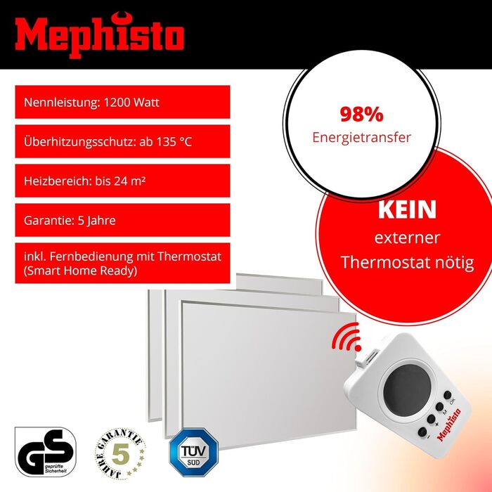 Інфрачервона електрообігрівач Mephisto 1200Вт, настінна/стельова/підлогова, енергоощадна, з термостатом, Wi-Fi та пультом, комплект для монтажу