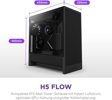 NZXT H5 Flow – компактний ігровий ATX Midi Tower корпус для ПК, високий повітряний потік, 2 вентилятори 120 мм, підтримка радіатора 360 мм спереду та 240 мм зверху, чорний