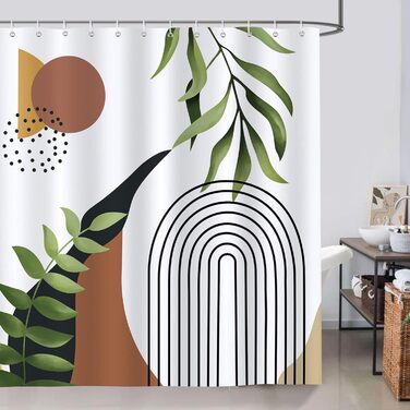 Штора для душу Bonhause Boho з абстрактними листям, сучасна мінімалістична, коричнева, 180x180 см, водонепроникна, антигрибкова, поліестер, прана, з 12 гачками для ванної кімнати