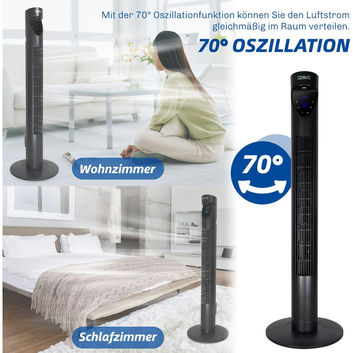 Вентилятор вежовий Turmventilator з пультом, LED-дисплеєм, 3 швидкості, таймером, 70° осциляція, 3 режими, 50W, 97.5 см, чорний