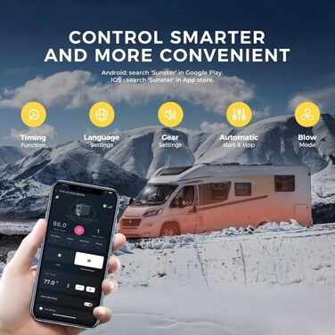 Дизельний обігрівач 8kW для вантажівок, фургонів, кемперів з Wi-Fi та адаптером, 12/24V/240V, автоматичний старт/стоп, вентиляція, чорна