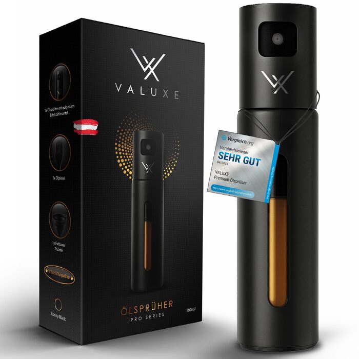 Розпилювач для олії та оцту VALUXE з фільтром, корпус із нержавіючої сталі, Ebony Black — преміум пляшка-спрей для кухонного використання