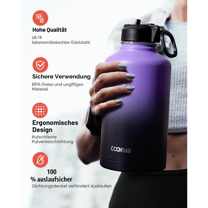 Термобутилка Coolflask з соломиною та 3 кришками, сталева ізольована пляшка для води 2Л для спорту та офісу, герметична, Фіолетовий/Чорний