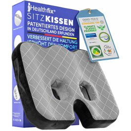 Подушка ортопедична для сидіння Healthfix з Memory Foam (45-70 кг) чорно-сіра - для офісу, авто, з підтримкою куприка