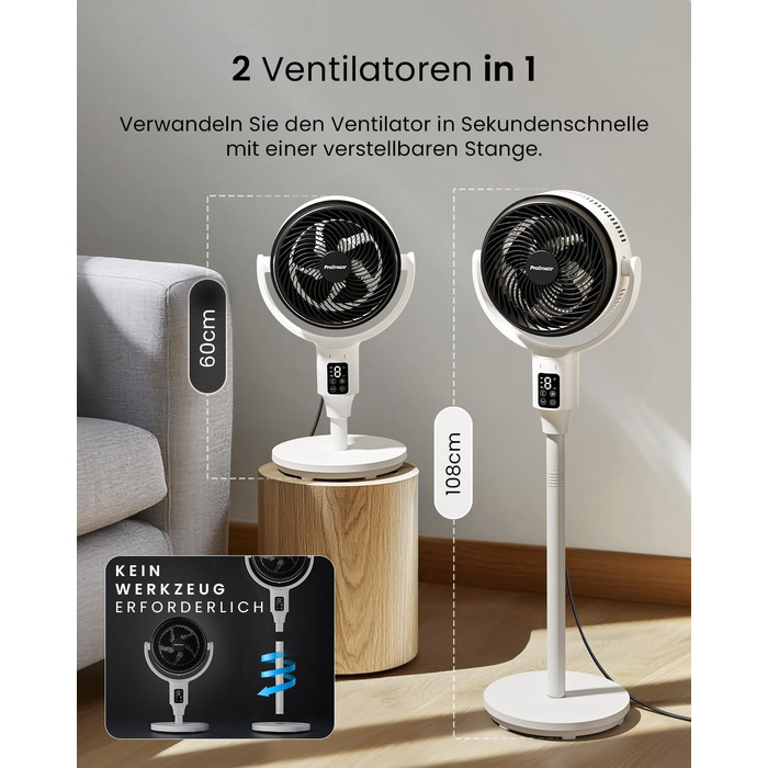 Вентилятор Pro Breeze AirFlo Standventilator 109 см – тихий вентилятор з пультом та LED-дисплеєм, 2 режими, осциляція, 29 дБ, регульована висота, енергоефективний для спальні, офісу та дому